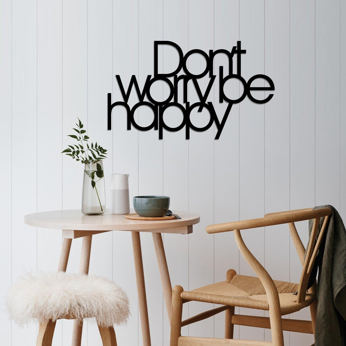 Decoratiune de perete Metal Dont Worry Be Happy - Black, Negru, 35x1x49 cm