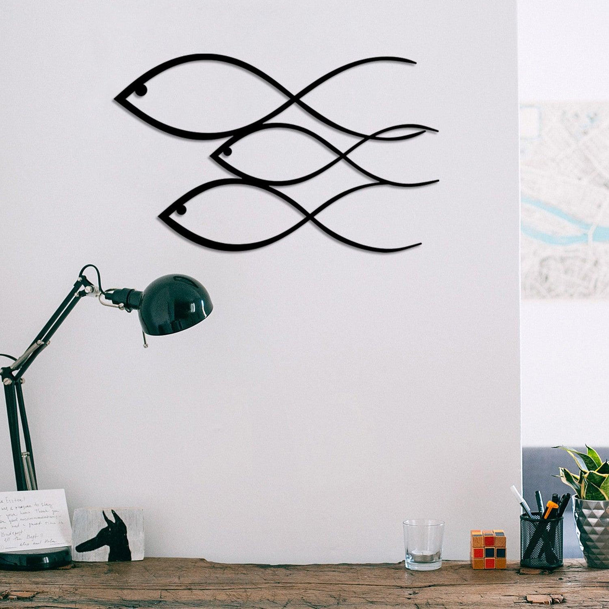 Decoratiune de perete Metal Fish, Negru, 30x0,12x50 cm