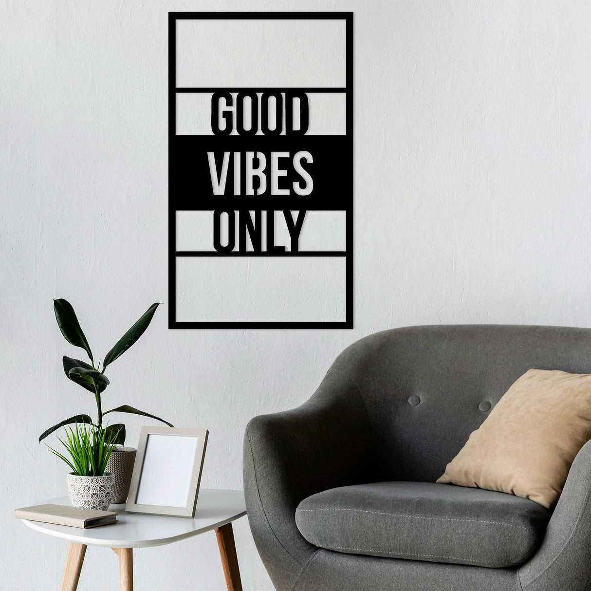 Decoratiune de perete Metal Good Vibes Only, Negru, 1.5x68x40 cm