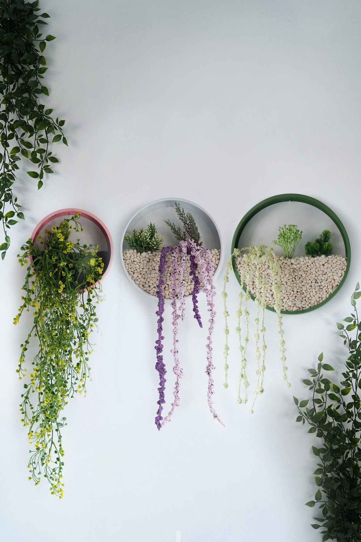 Decoratiune de perete Metal Green Panda, Verde - Roz - Alb, 30x5x30 cm, 3 bucati