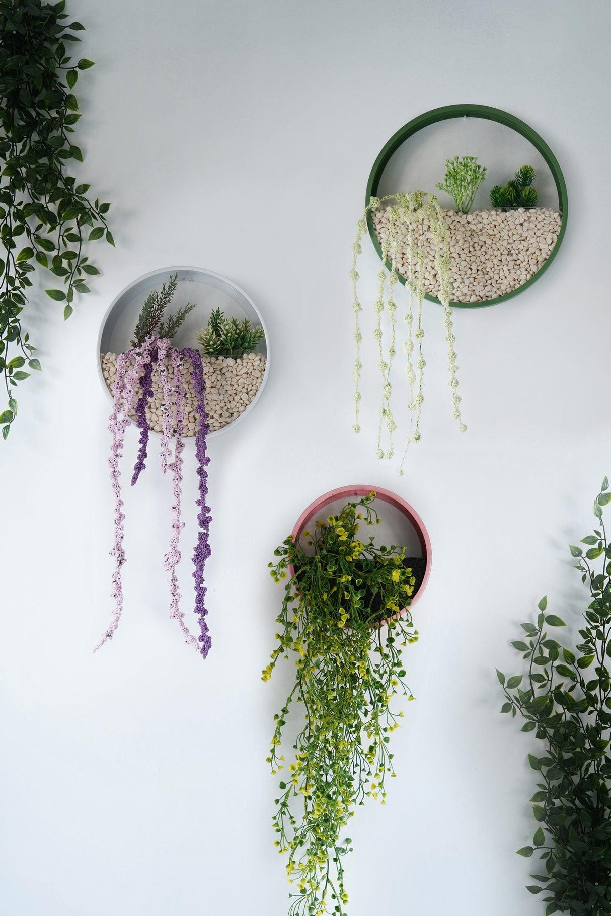 Decoratiune de perete Metal Green Panda, Verde - Roz - Alb, 30x5x30 cm, 3 bucati