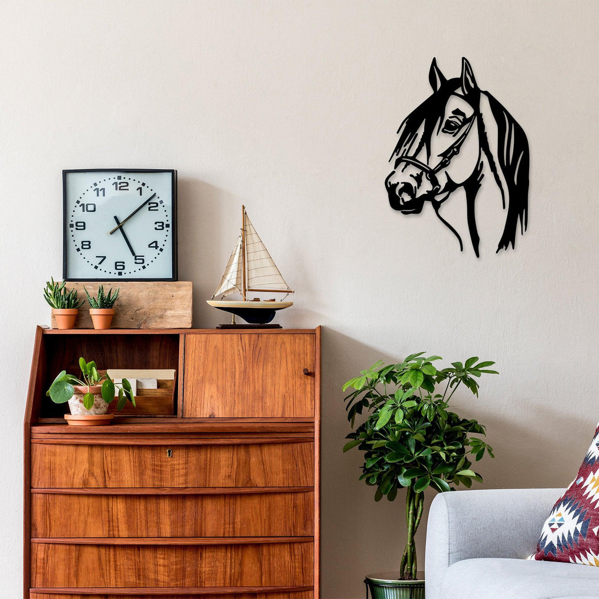 Decoratiune de perete Metal Horse Head, Negru, 55x1x40 cm
