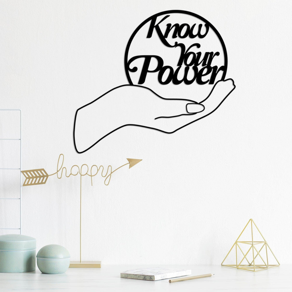 Decoratiune de perete Metal Know Your Power, Negru, 46x52 cm