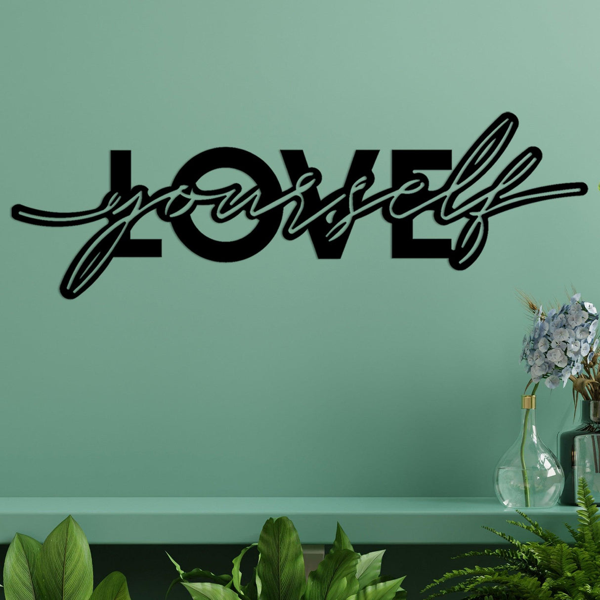 Decoratiune de perete Metal Love Yourself, Negru, 0.15x87x28 cm