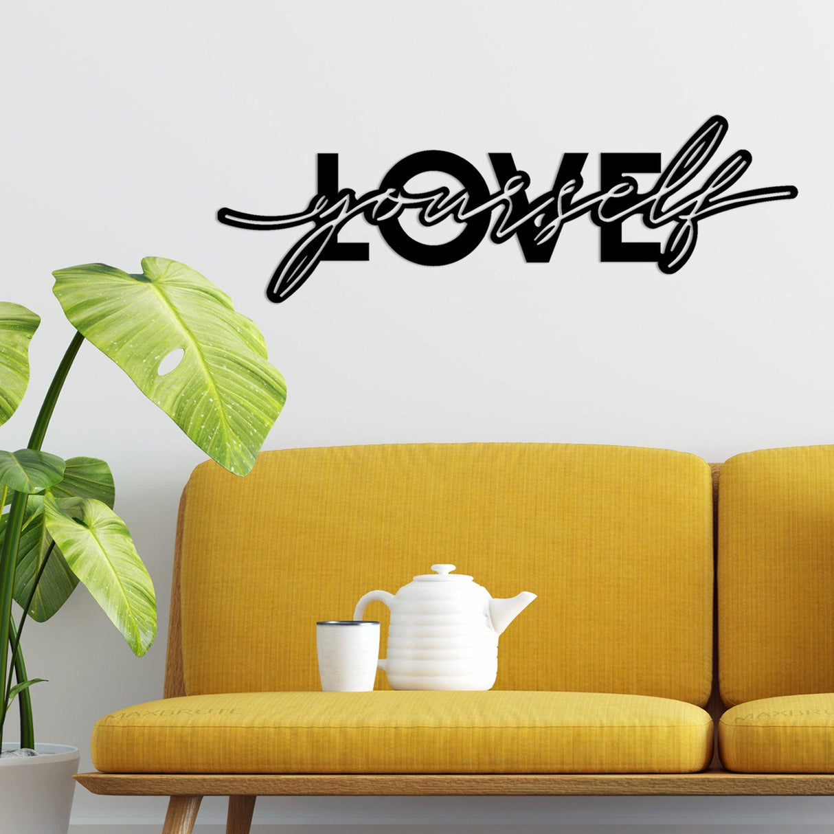 Decoratiune de perete Metal Love Yourself, Negru, 0.15x87x28 cm