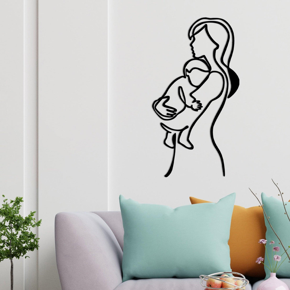 Decoratiune de perete Metal Mother And Baby, Negru, 0.15x39x70 cm