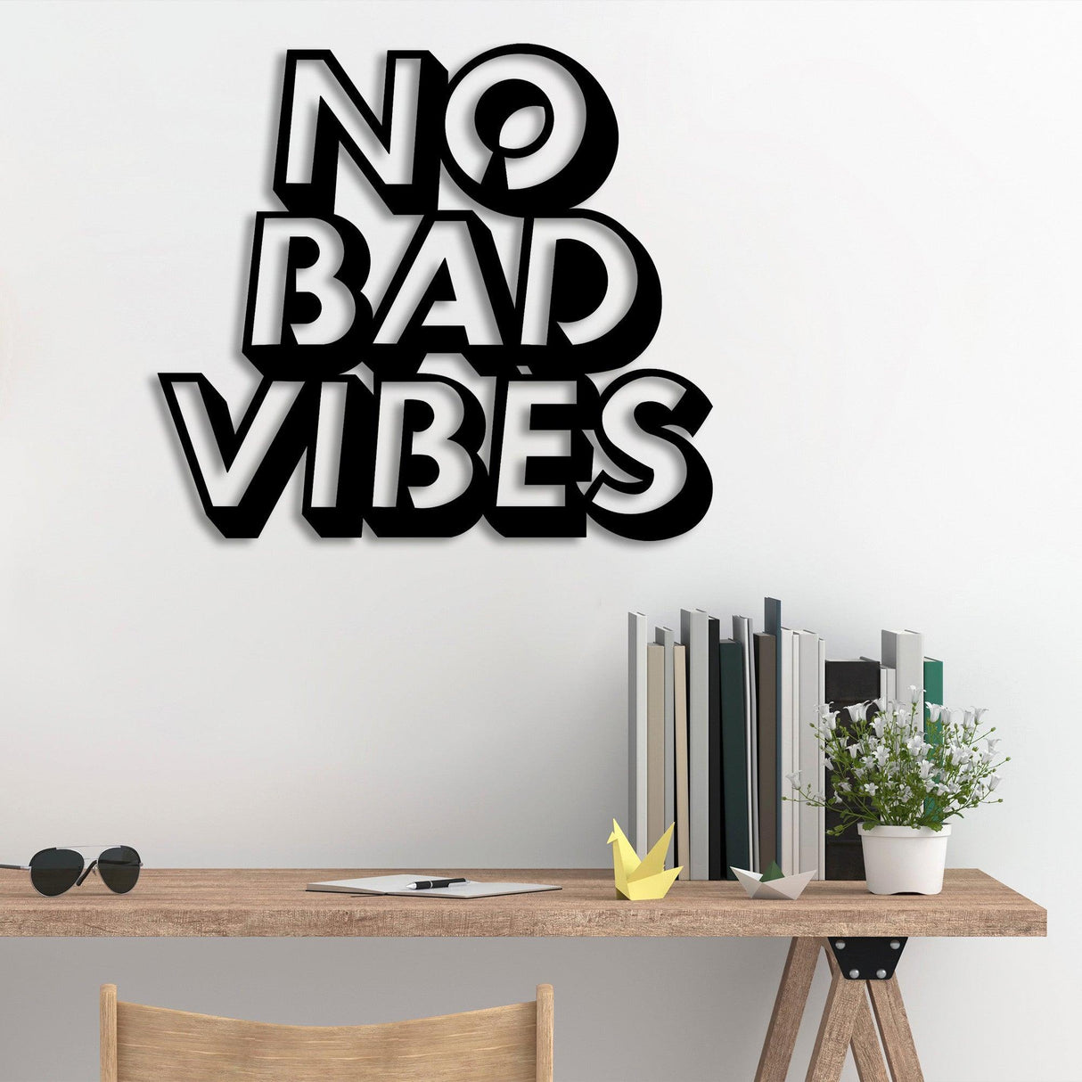 Decoratiune de perete Metal No Bad Vibes, Negru, 1.5x55x63 cm