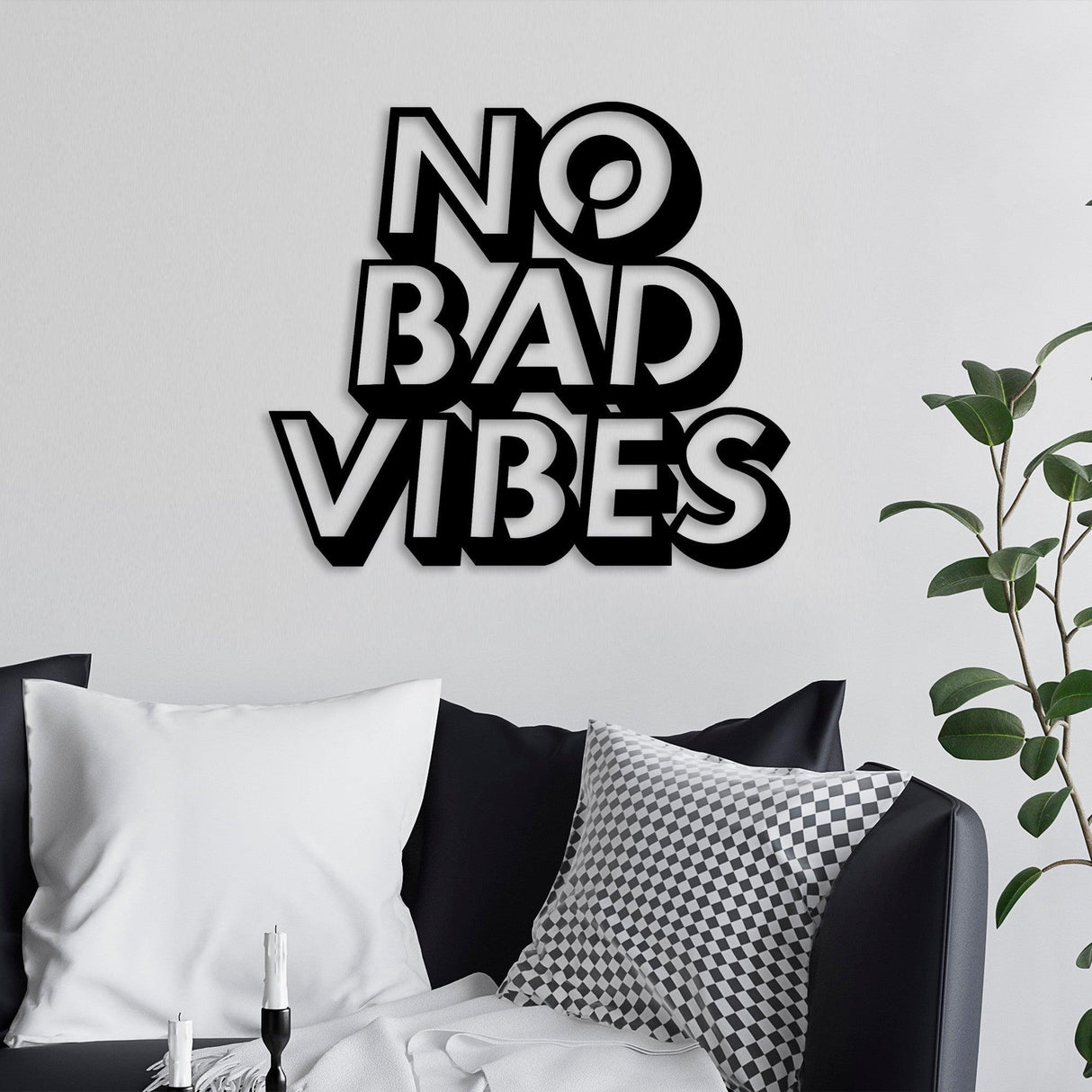 Decoratiune de perete Metal No Bad Vibes, Negru, 1.5x55x63 cm