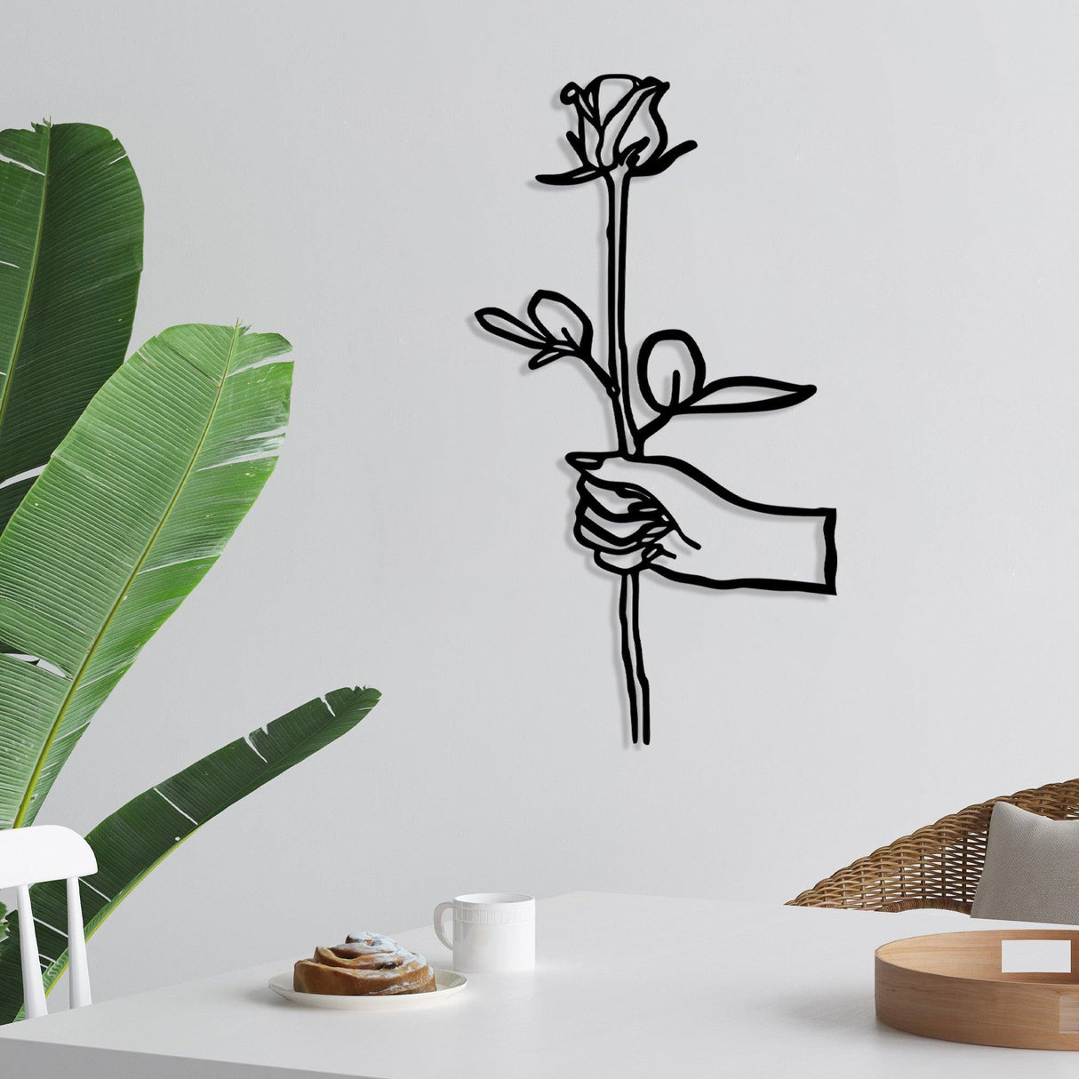 Decoratiune de perete Metal Rose in Hand, Negru, 100x1x54 cm