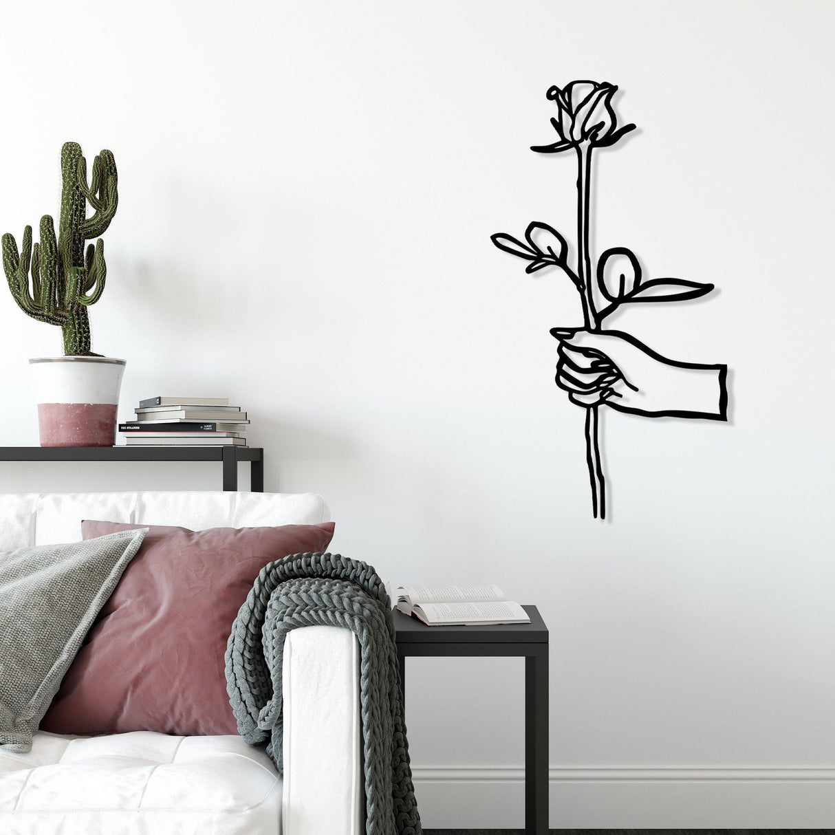 Decoratiune de perete Metal Rose in Hand, Negru, 100x1x54 cm