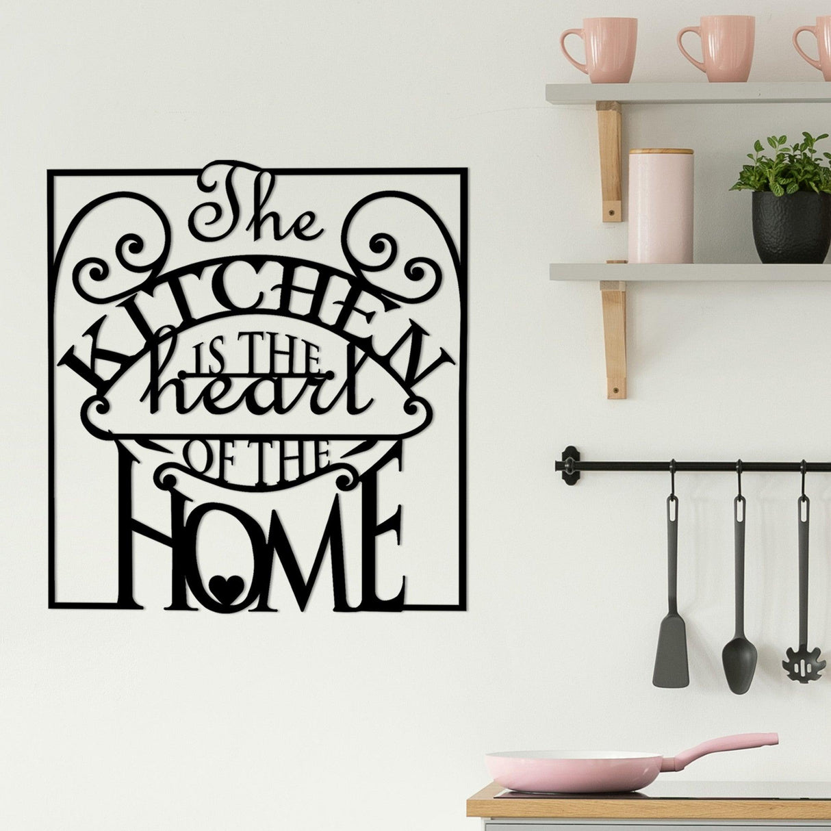 Decoratiune de perete Metal The Kitchen Is The Heart Of The Home, Negru, 0.15x53x56 cm