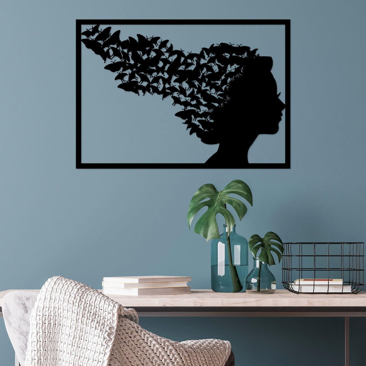 Decoratiune de perete Metal Thoughts, Negru, 49x1x70 cm