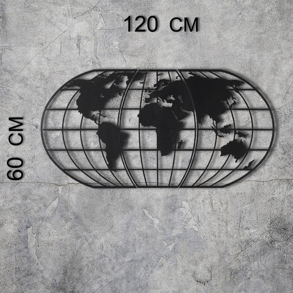 Decoratiune de perete Metal World Map Globe - Black, Negru, 120x1x60 cm