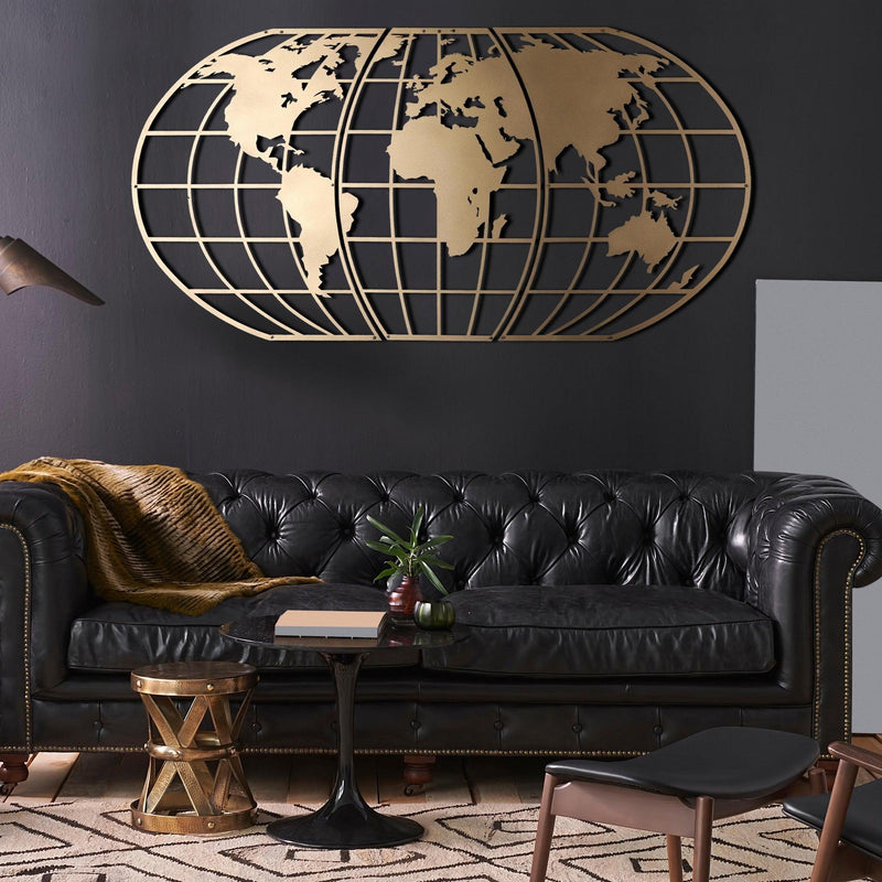 Decoratiune de perete Metal World Map Globe - Gold, Aur, 120x1x60 cm