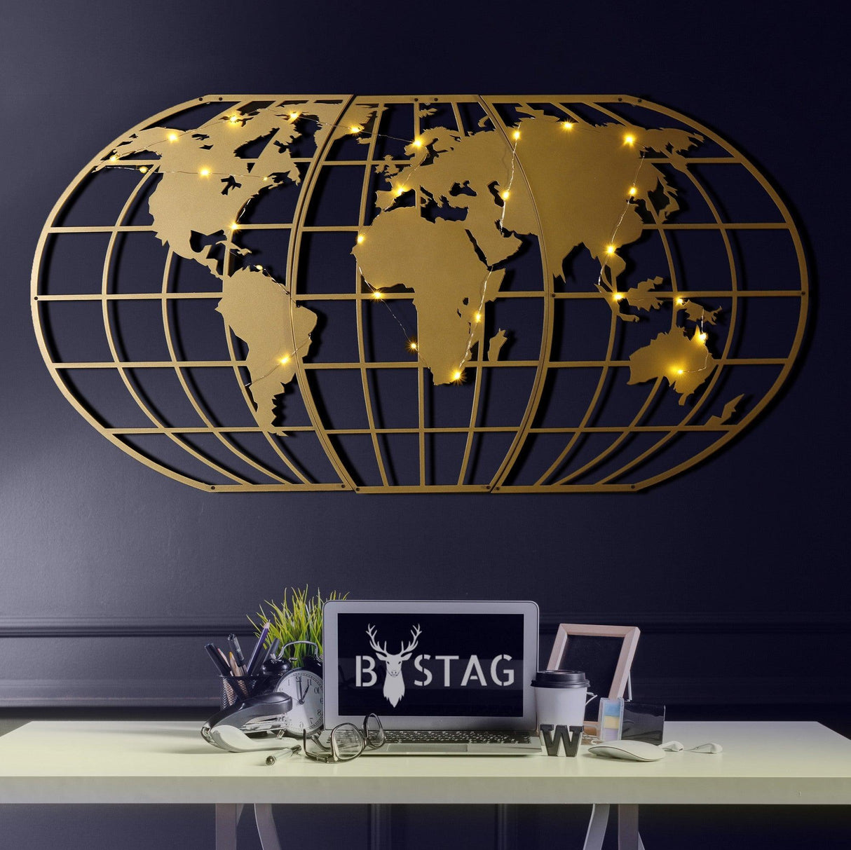 Decoratiune de perete Metal World Map Globe Led - Gold, Aur, 120x1x60 cm
