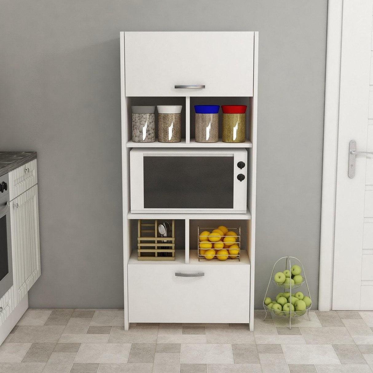 Dulap Bucatarie cu loc de Microunde si Rafturi, Alb, 65 X 180 X 35 Cm