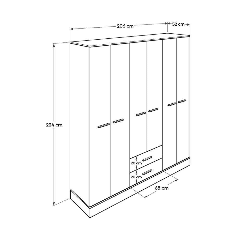Dulap Haine Adore Base, 6 usi, 2 sertare, Alb, 206x224x52 cm