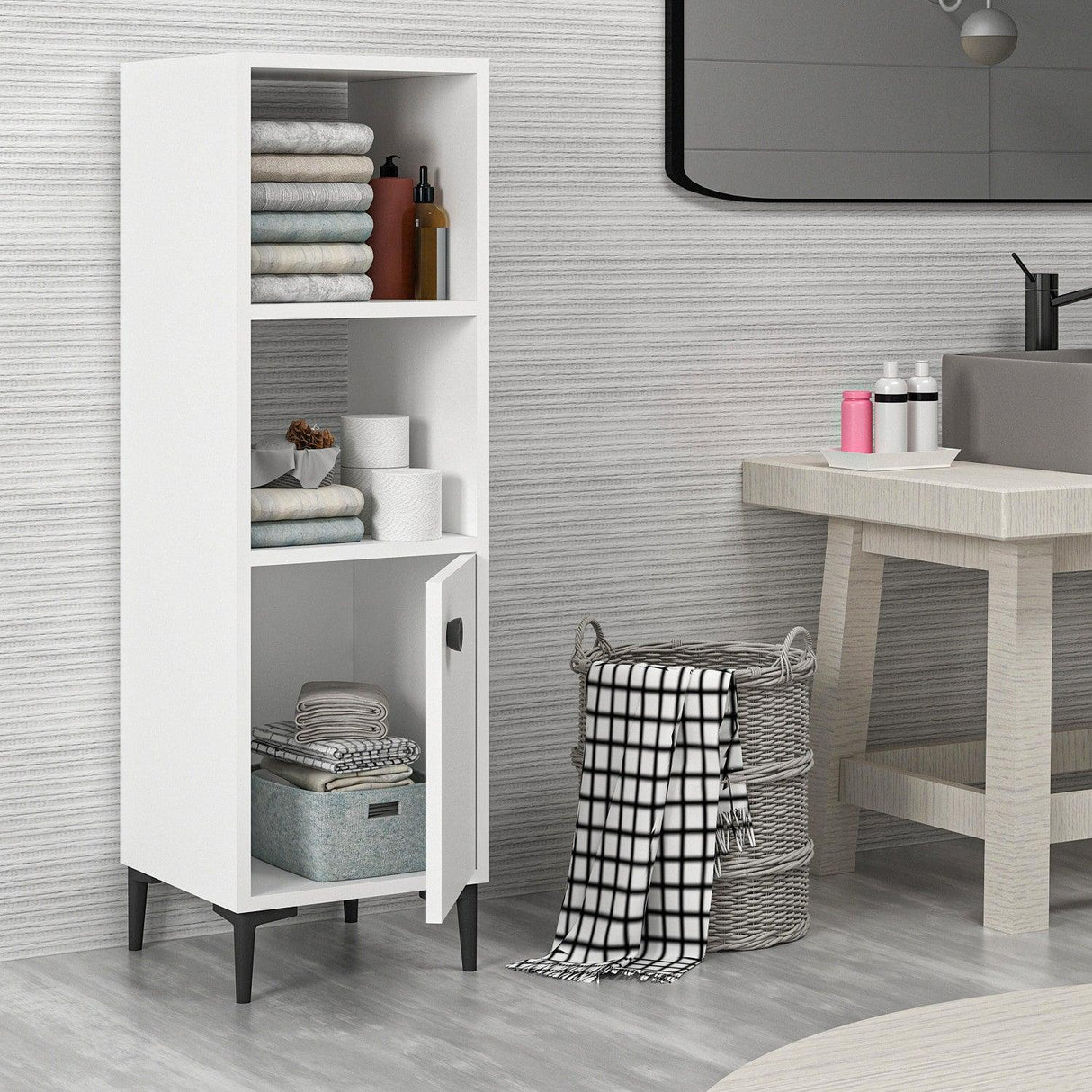 Dulap Multifunctional Alfie, 3 Compartimente si o Usa, Alb, 39 x 115 x 35 cm