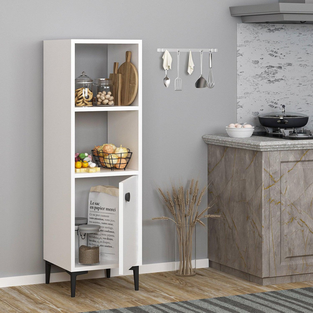 Dulap Multifunctional Alfie, 3 Compartimente si o Usa, Alb, 39 x 115 x 35 cm