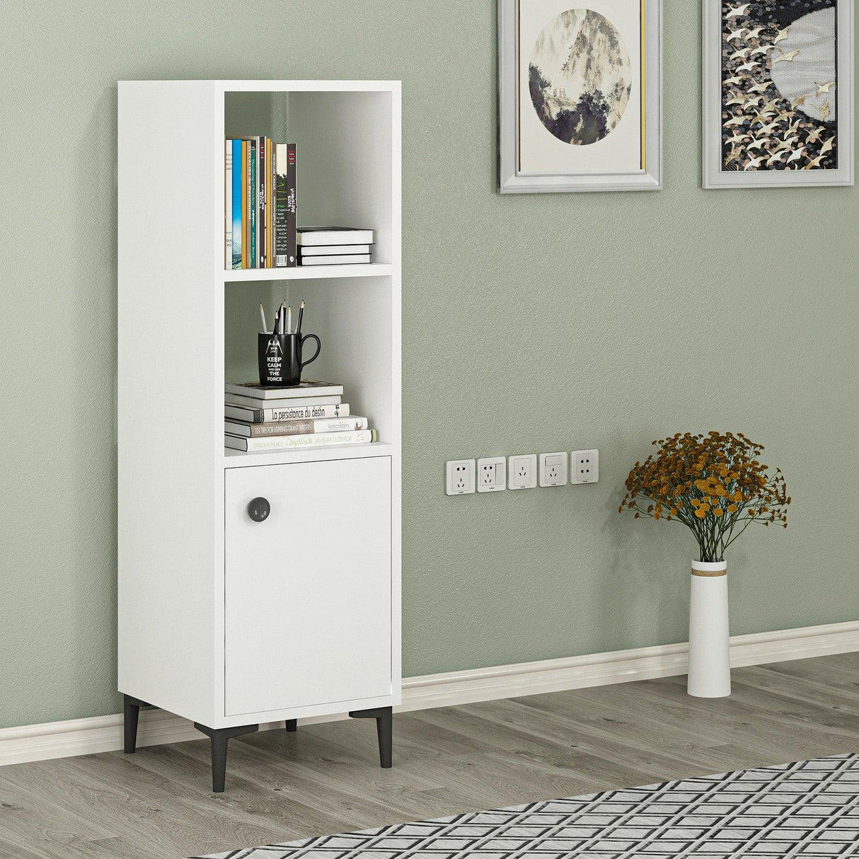 Dulap Multifunctional Alfie, 3 Compartimente si o Usa, Alb, 39 x 115 x 35 cm