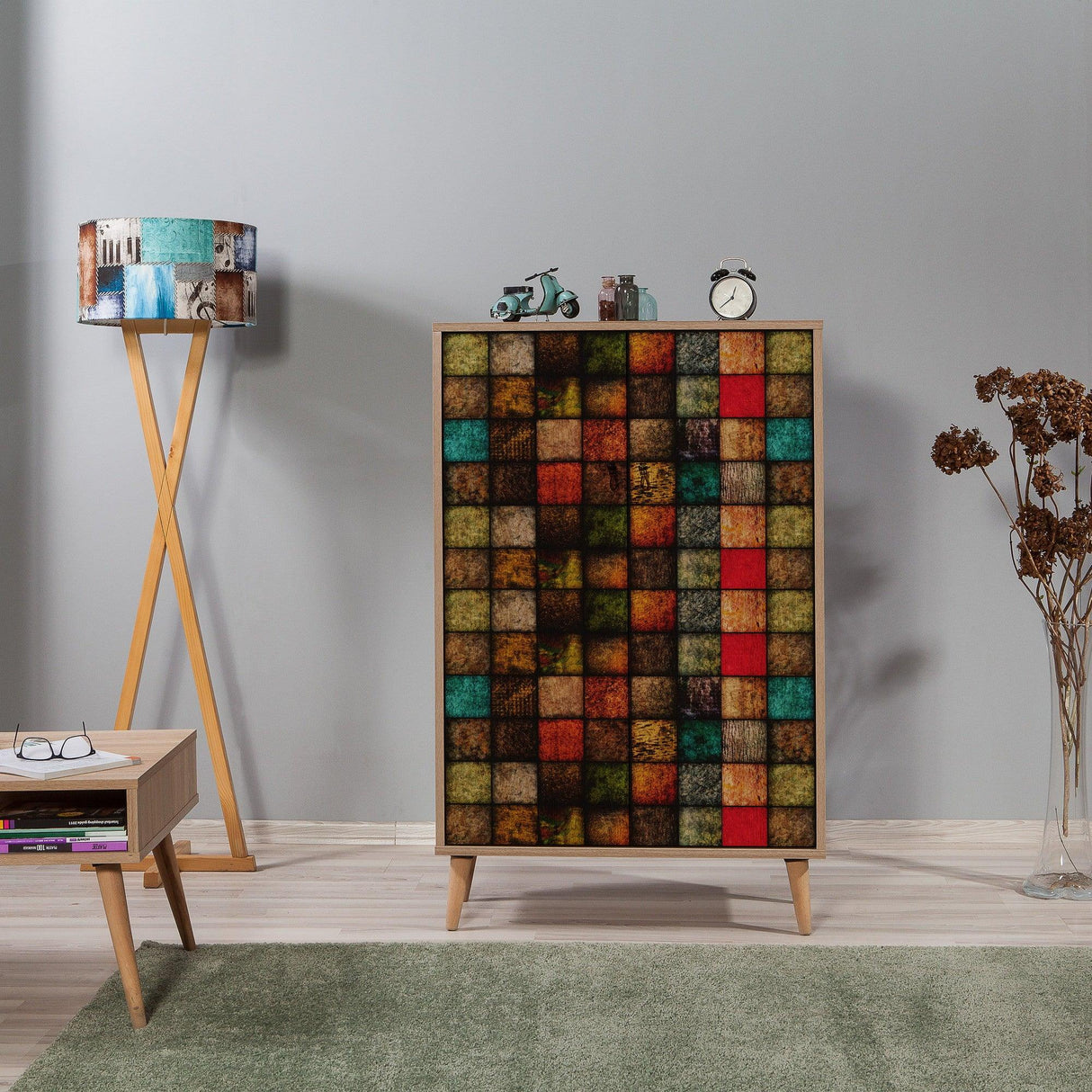 Dulap Multifunctional Multibox cu 2 usi, Stejar / Multicolor, 80 x 36 x 127 cm