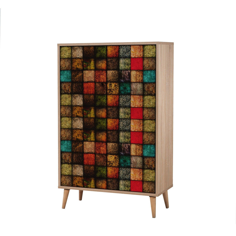 Dulap Multifunctional Multibox cu 2 usi, Stejar / Multicolor, 80 x 36 x 127 cm