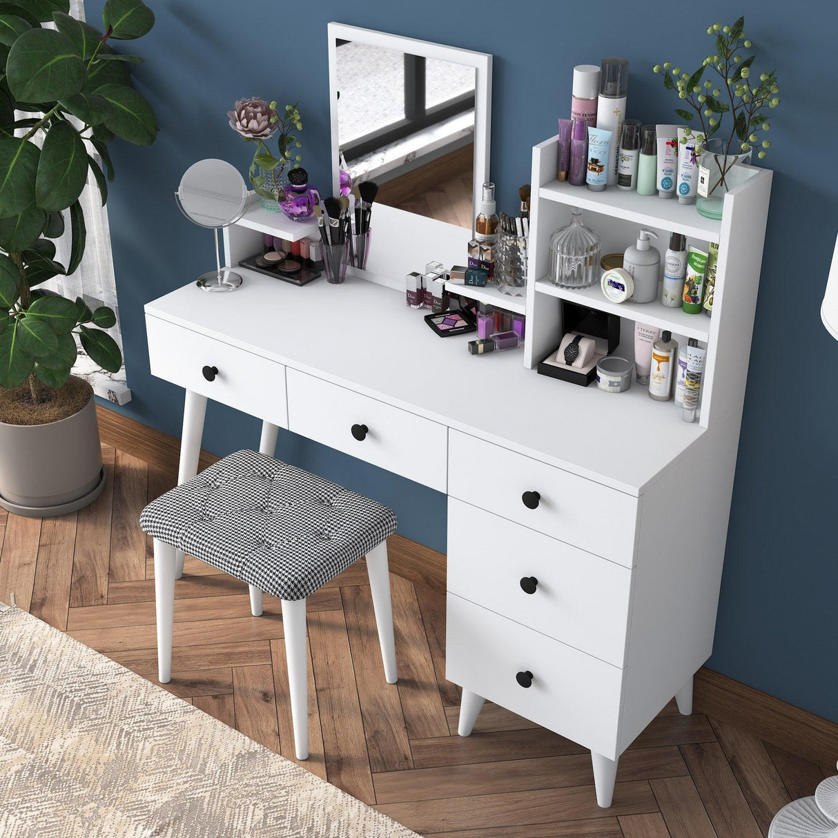 Masa De Machiaj Ema cu 5 Sertare si cu Oglinda, Alb, 122 X 94 X 40 Cm
