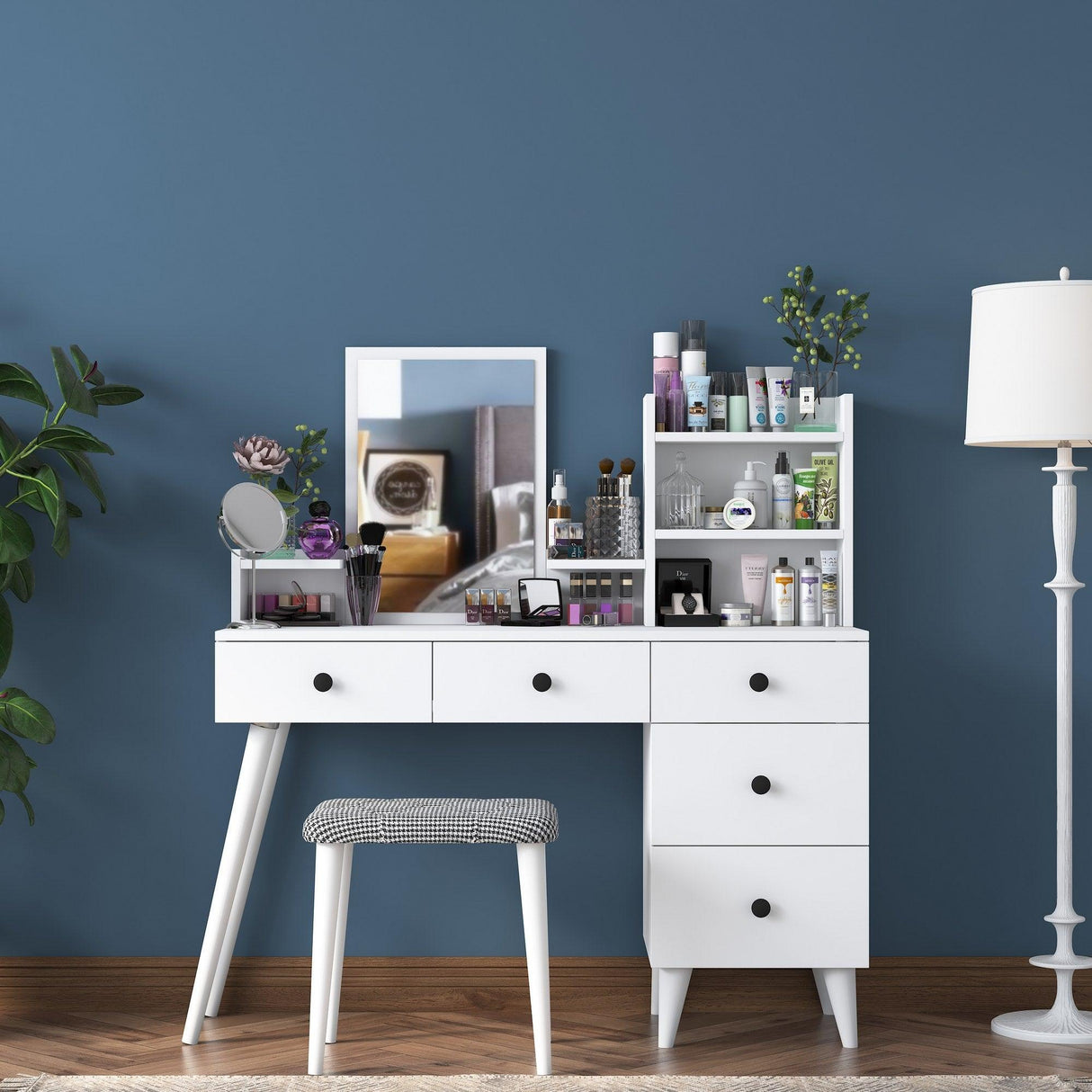 Masa De Machiaj Ema cu 5 Sertare si cu Oglinda, Alb, 122 X 94 X 40 Cm