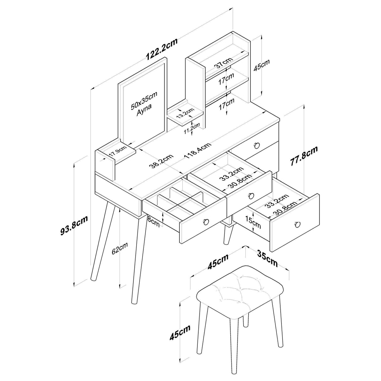 Masa De Machiaj Ema cu 5 Sertare si cu Oglinda, Alb, 122 X 94 X 40 Cm