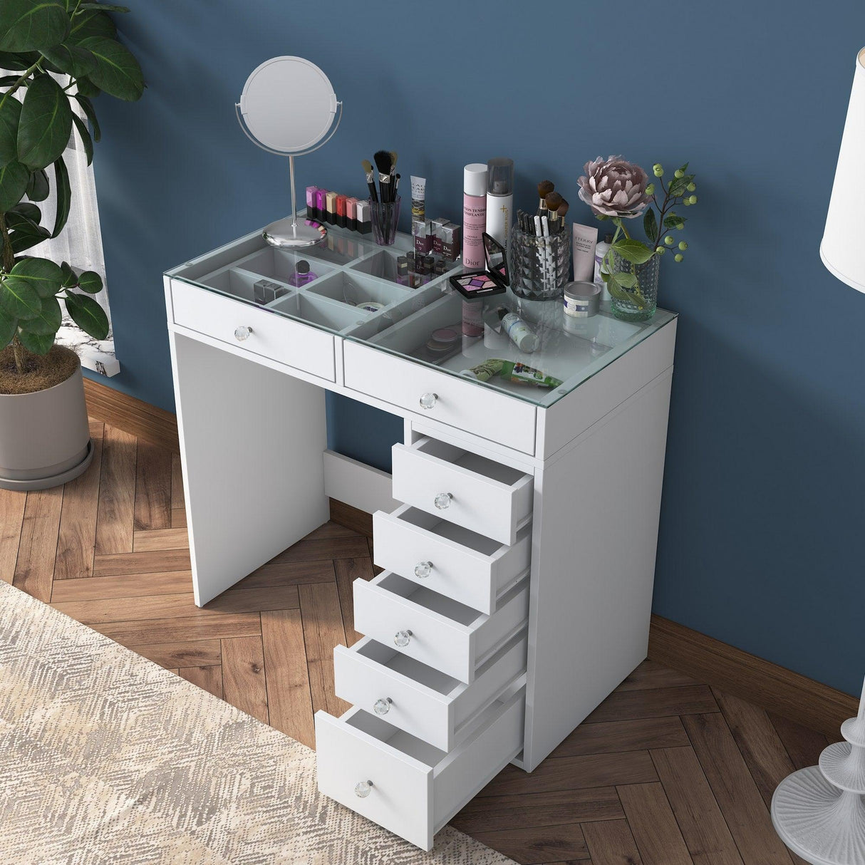 Masa De Machiaj Lux Inci cu 7 Sertare si Loc de Depozitare, Alb, 90 X 79 X 45 Cm