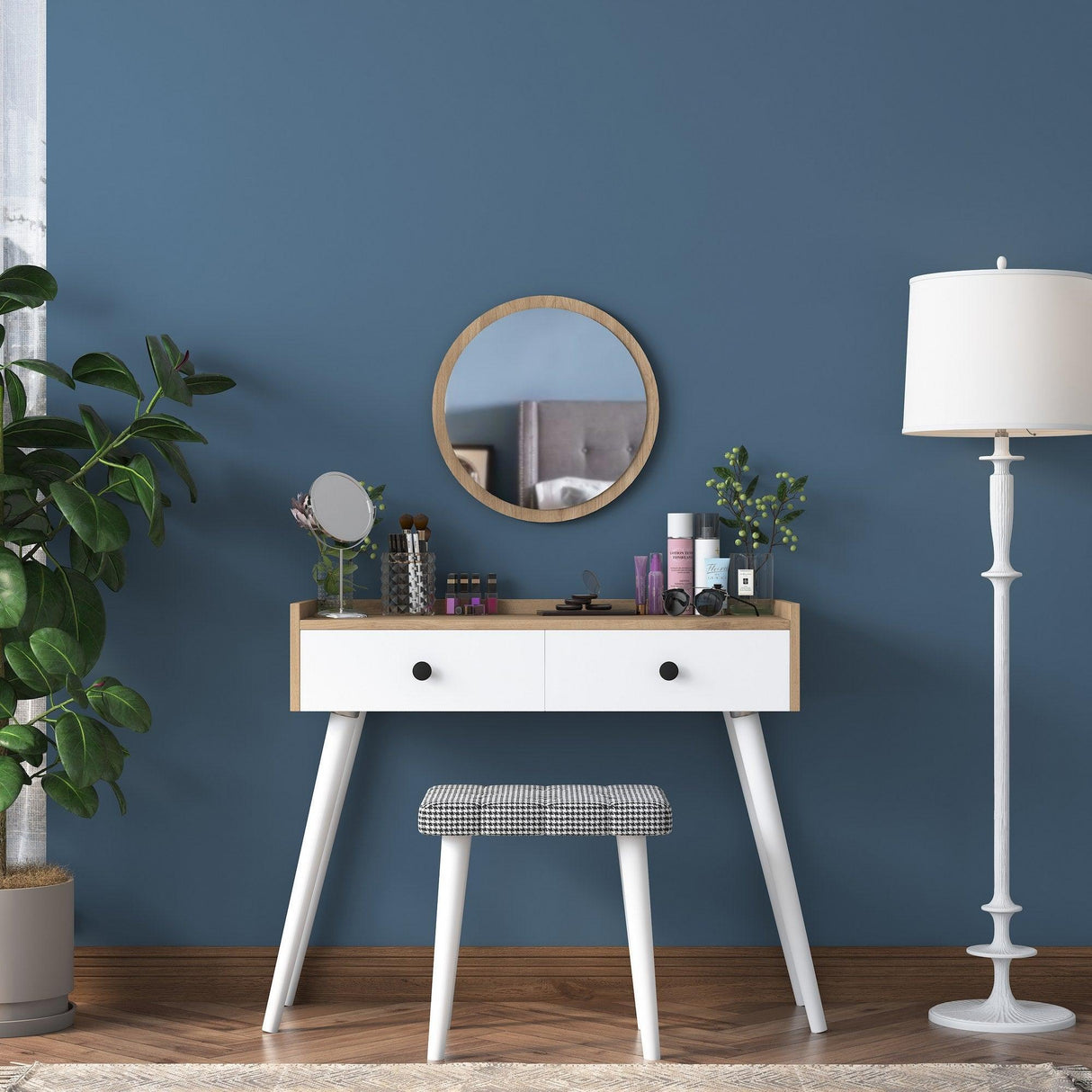 Masa De Machiaj Lux Manolia cu 2 Sertare si Oglinda, Alb - Nuc, 99 X 83 X 40 Cm