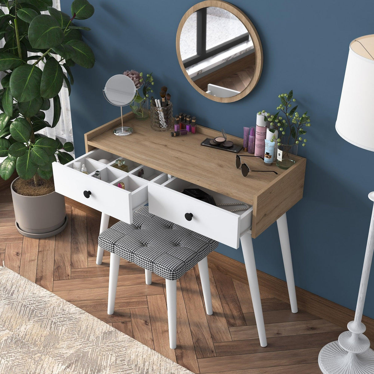 Masa De Machiaj Lux Manolia cu 2 Sertare si Oglinda, Alb - Nuc, 99 X 83 X 40 Cm
