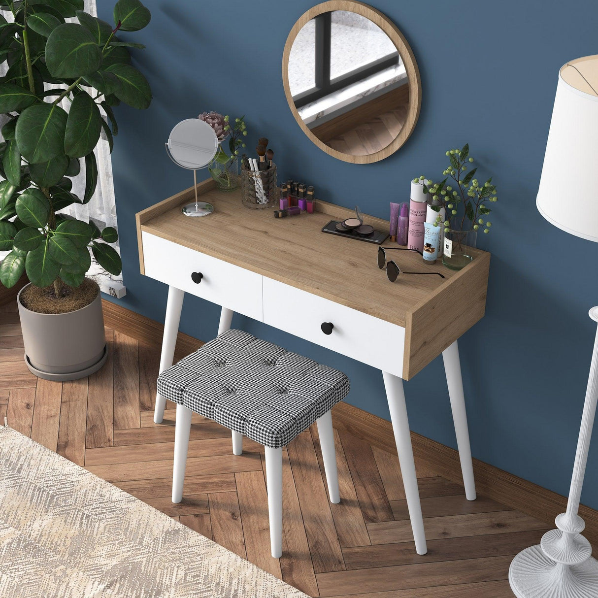 Masa De Machiaj Lux Manolia cu 2 Sertare si Oglinda, Alb - Nuc, 99 X 83 X 40 Cm