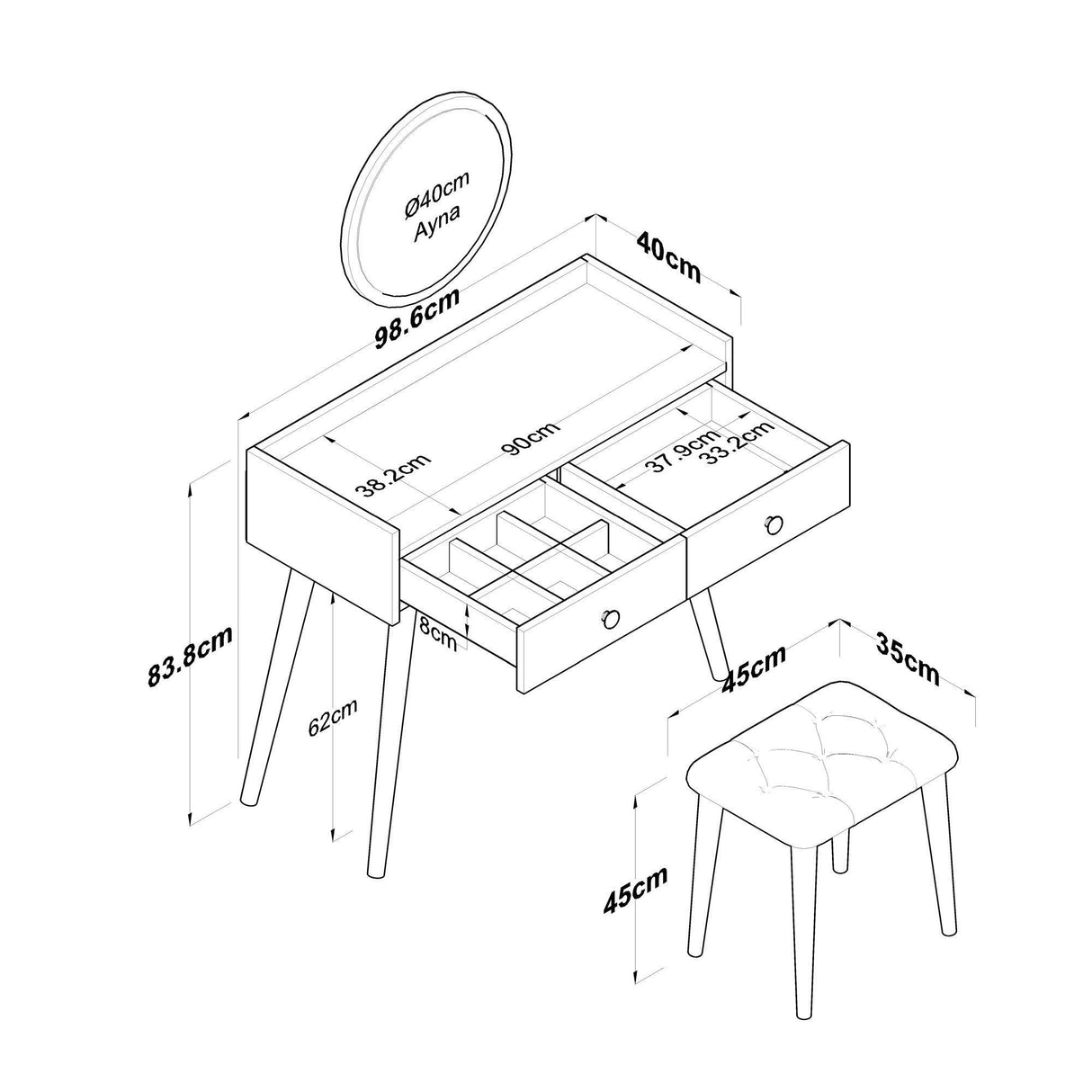 Masa De Machiaj Lux Manolia cu 2 Sertare si Oglinda, Alb - Nuc, 99 X 83 X 40 Cm