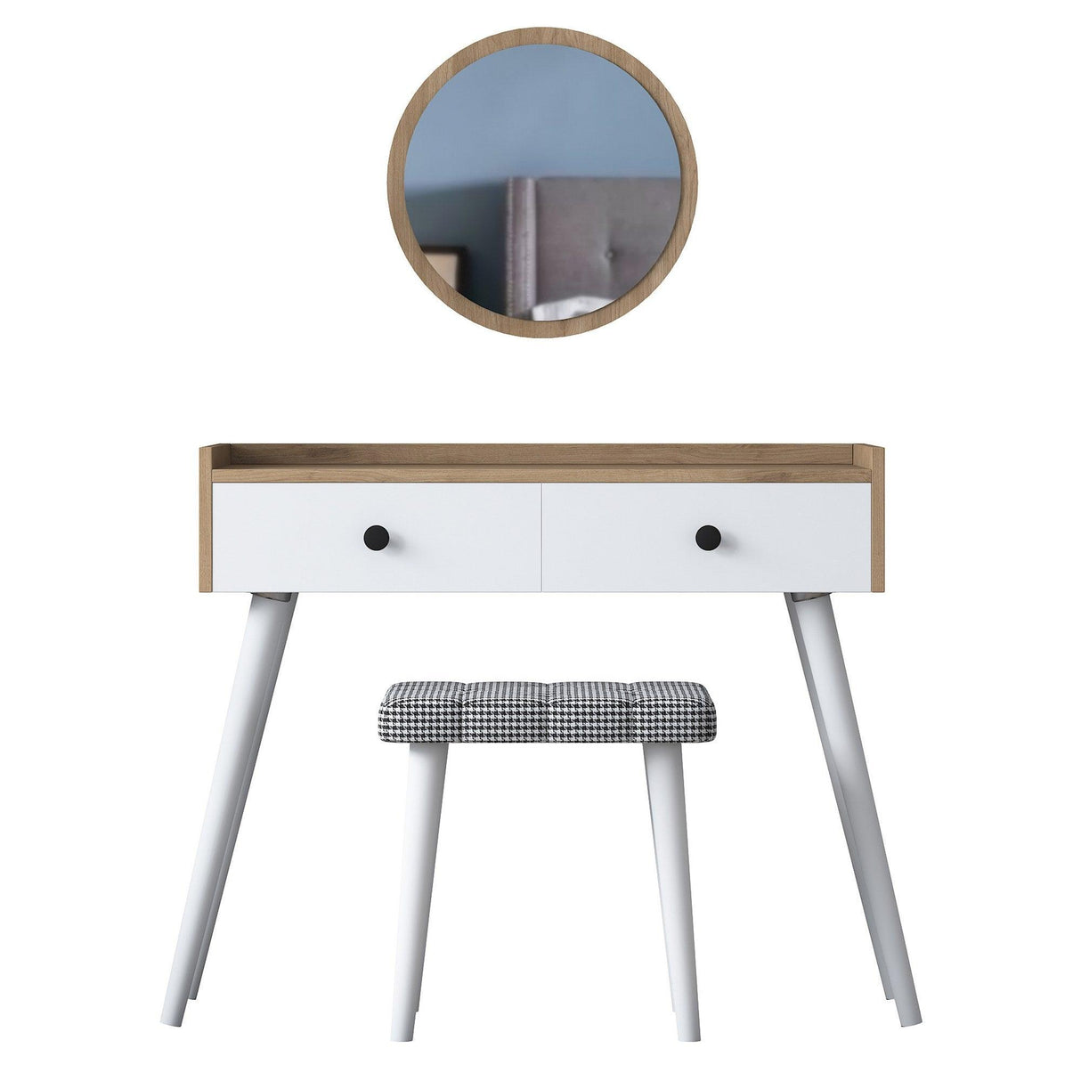 Masa De Machiaj Lux Manolia cu 2 Sertare si Oglinda, Alb - Nuc, 99 X 83 X 40 Cm