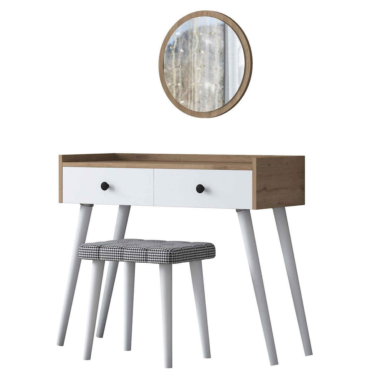 Masa De Machiaj Lux Manolia cu 2 Sertare si Oglinda, Alb - Nuc, 99 X 83 X 40 Cm