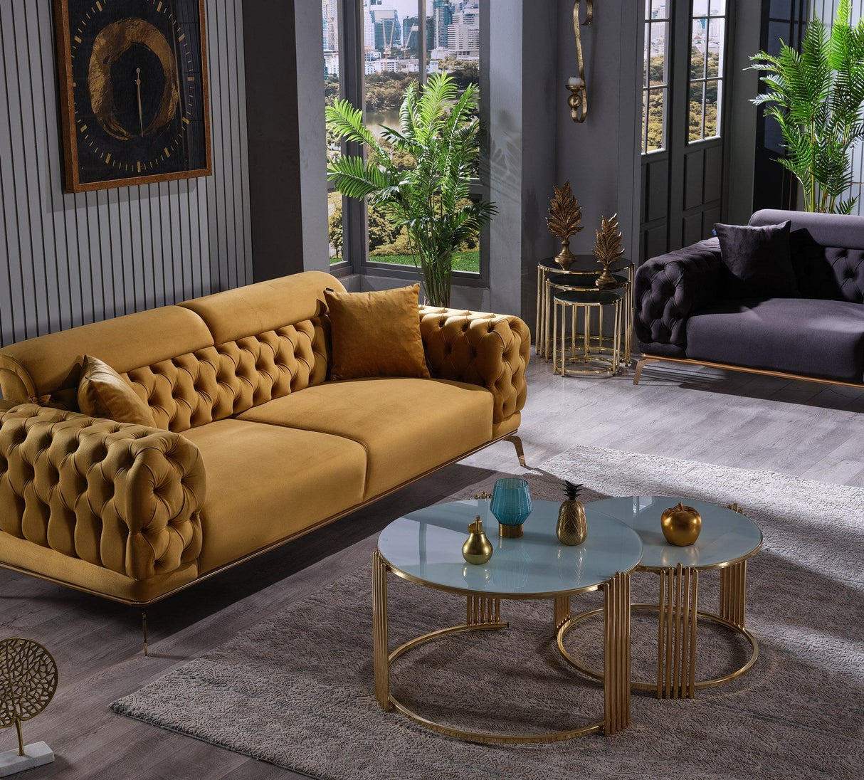 Masa de Sufragarie Lux cu Sticla, 3 buc, Metal, Aurie, 75 x 47 x 75 cm