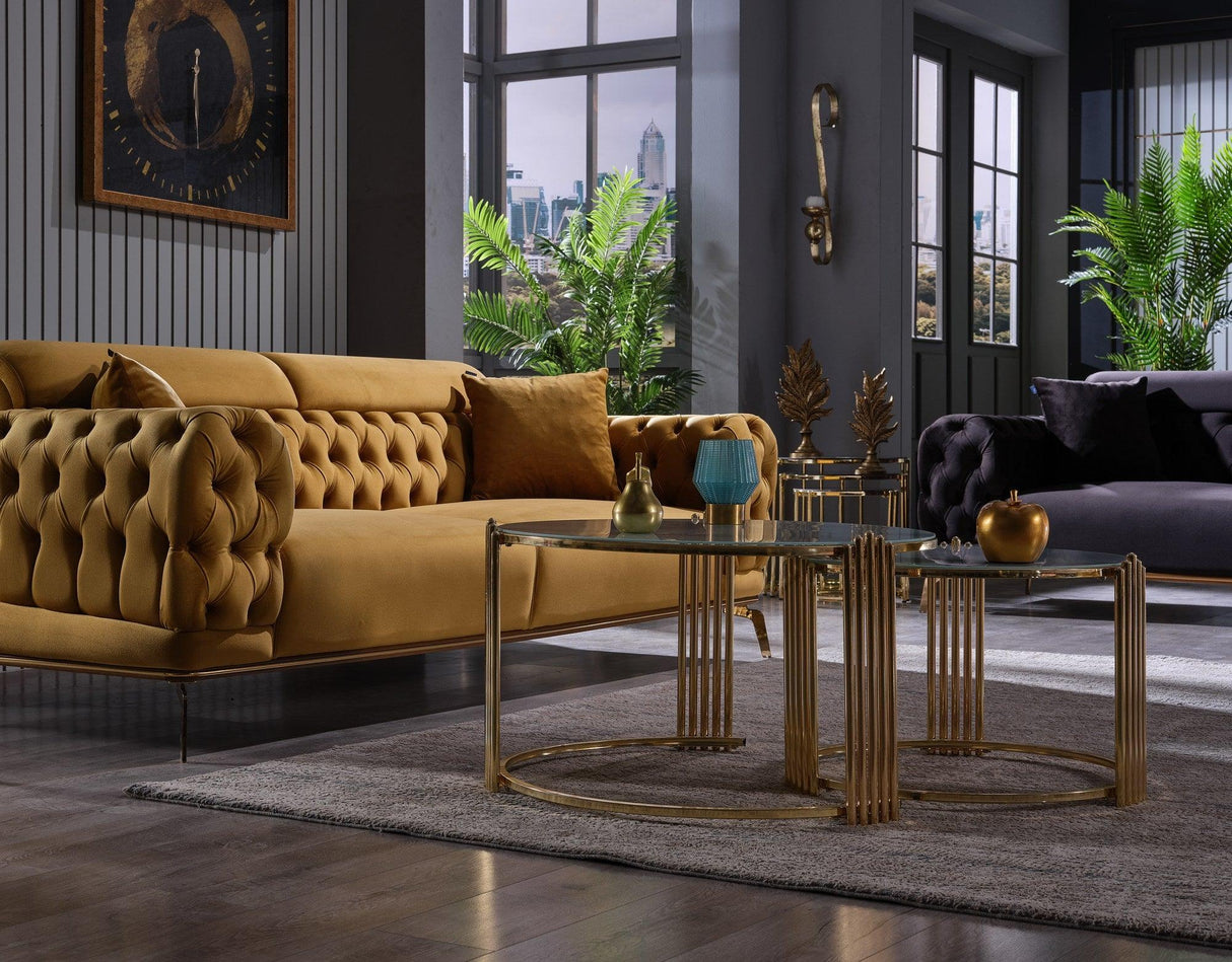 Masa de Sufragarie Lux cu Sticla, 3 buc, Metal, Aurie, 75 x 47 x 75 cm