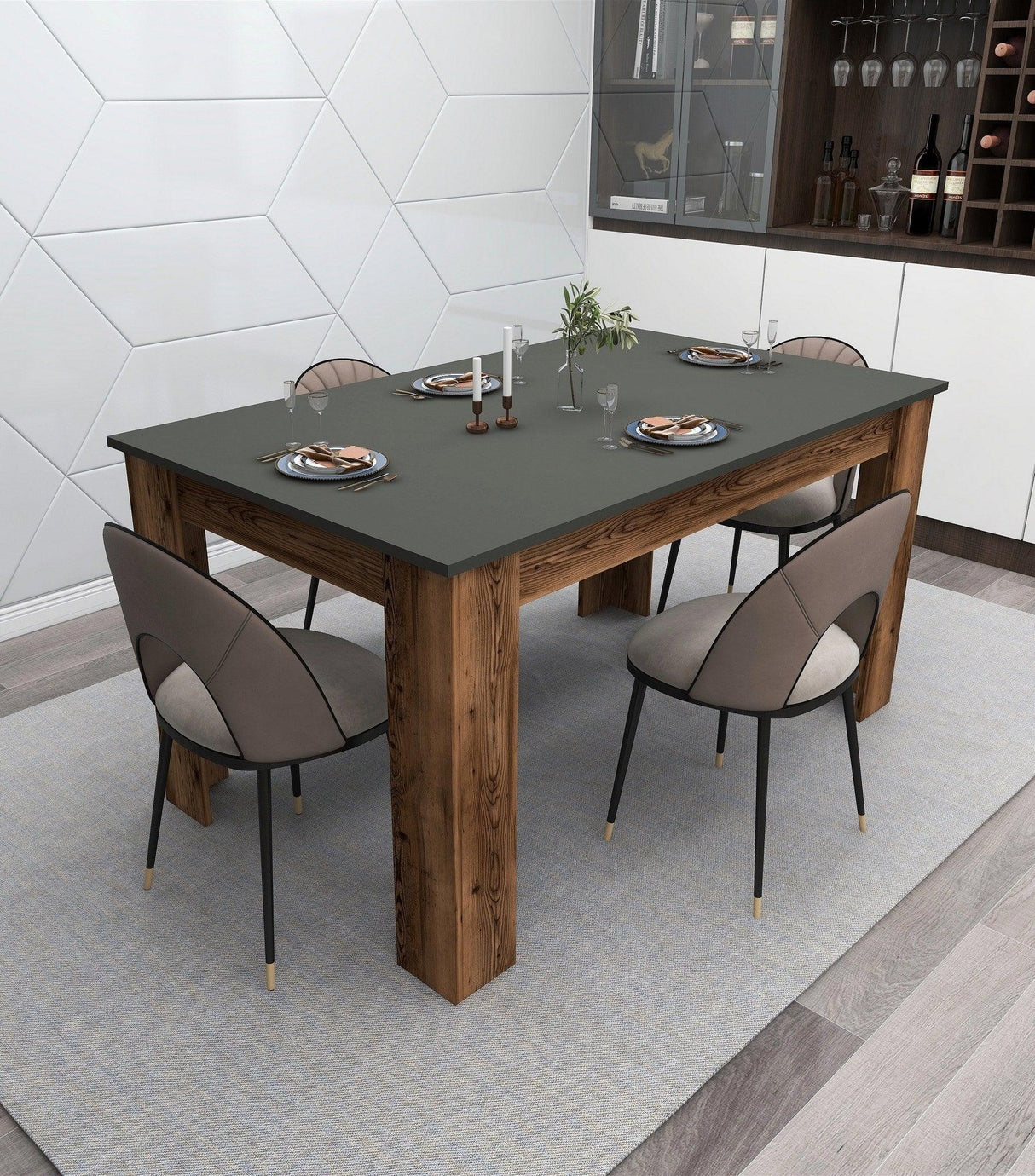 Masă Mikas Bucatarie Elegant cu Loc de Depozitare, Anthracite, Nuc deschis, 145 x 77 x 88 cm