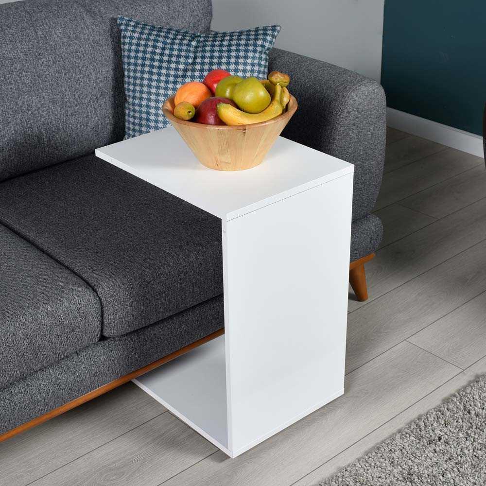 Masuta Cafea Laterala Adore C shape cu roti, Alb - Nuc - Stejar - Mov, 35x65x45 cm - Alb