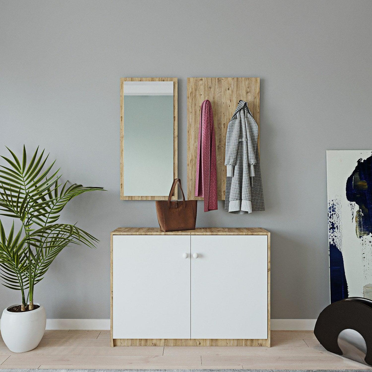 Pantofar Cuier Tobo cu Oglinda cu 2 Usi, Stejar, 96 X 78 X 40 Cm