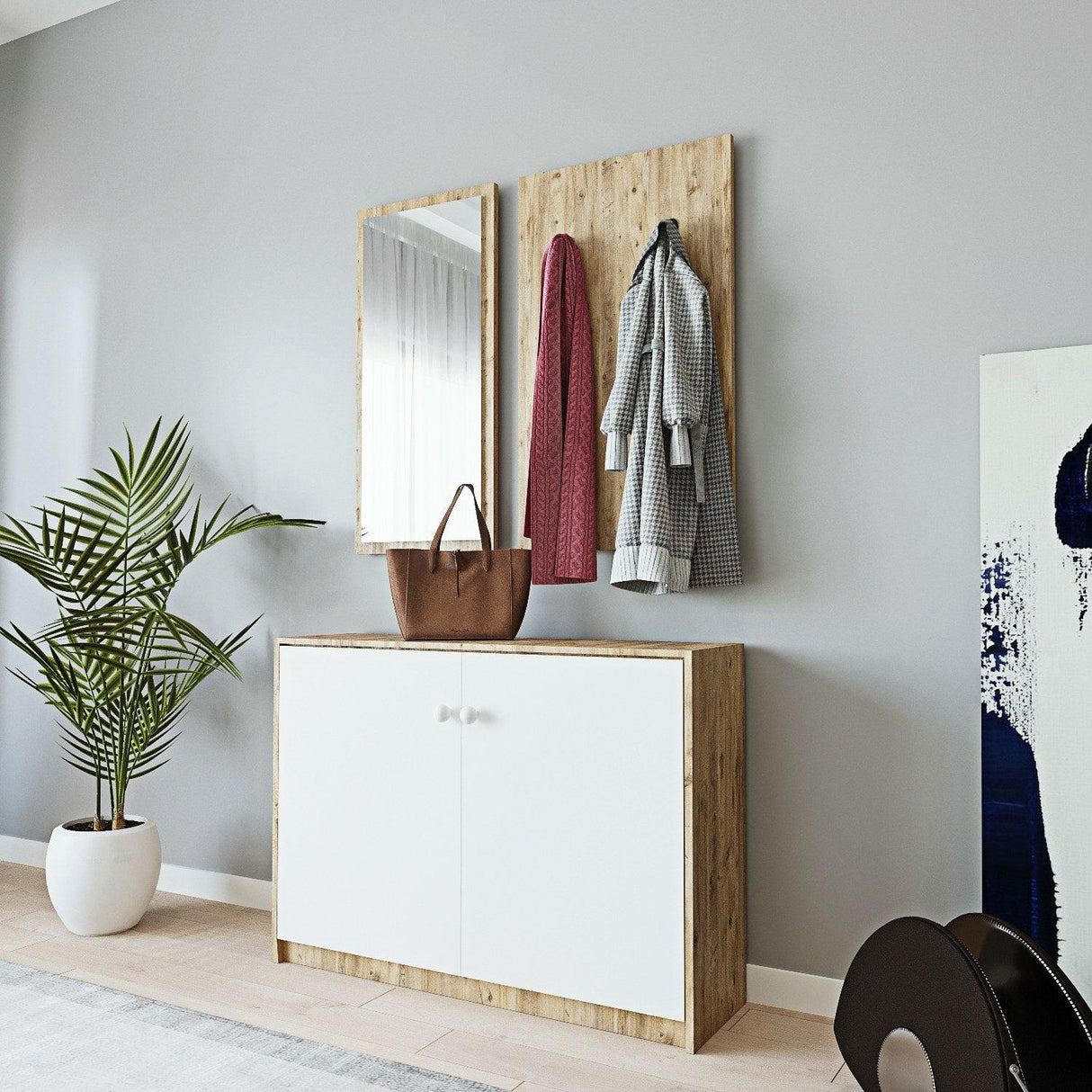 Pantofar Cuier Tobo cu Oglinda cu 2 Usi, Stejar, 96 X 78 X 40 Cm