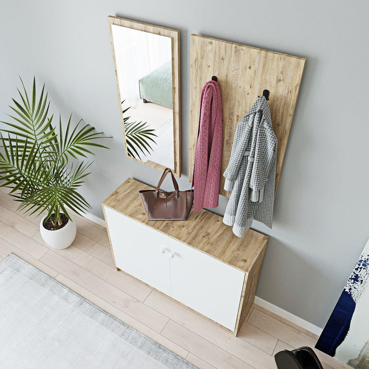 Pantofar Cuier Tobo cu Oglinda cu 2 Usi, Stejar, 96 X 78 X 40 Cm