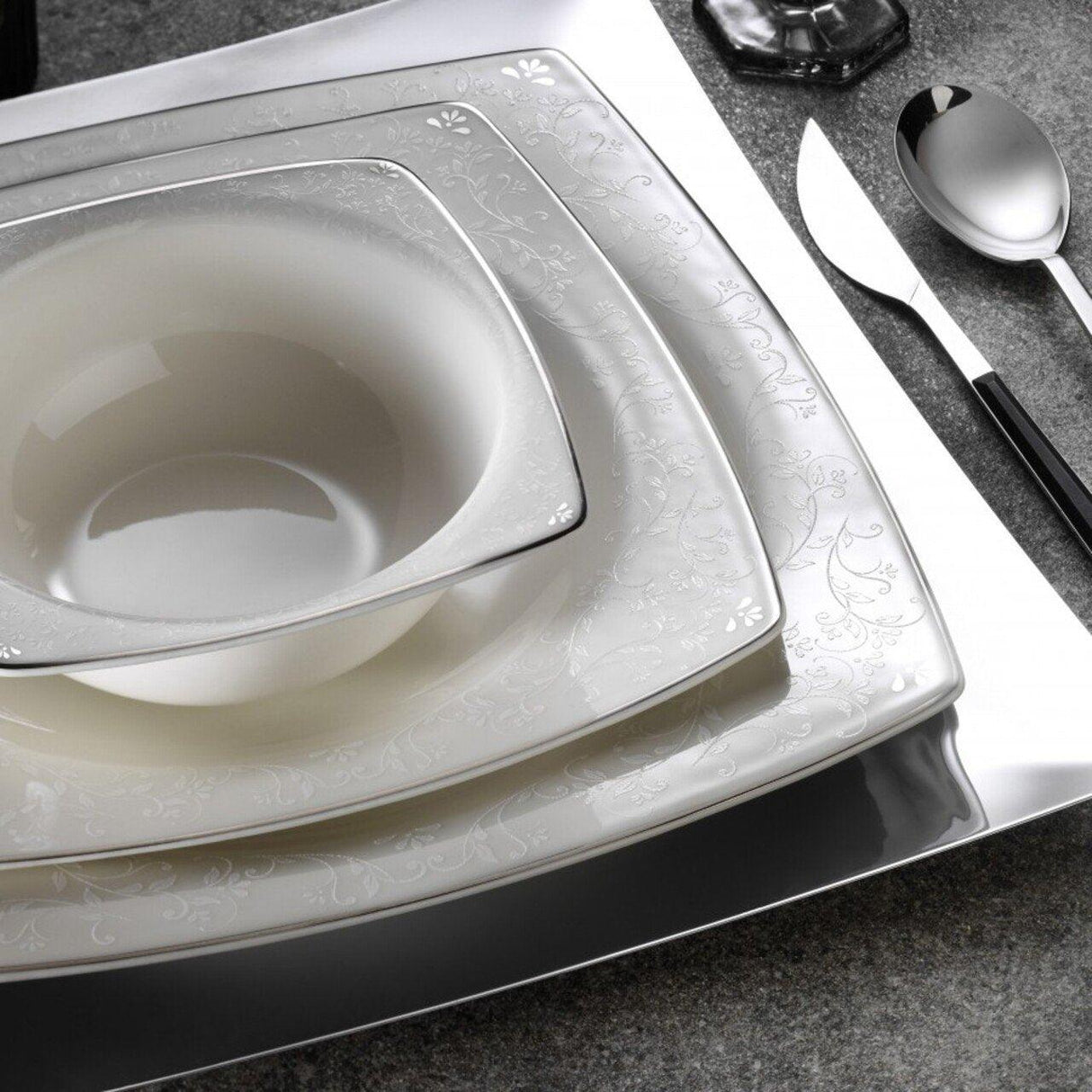 Serviciu de masa, 62 piese, Portelan, Alb - Argintiu