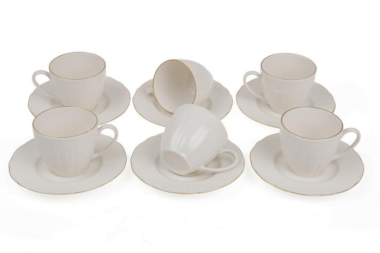 Set 6 cesti + 6 farfurii, 200 ml, Portelan, Alb - Auriu