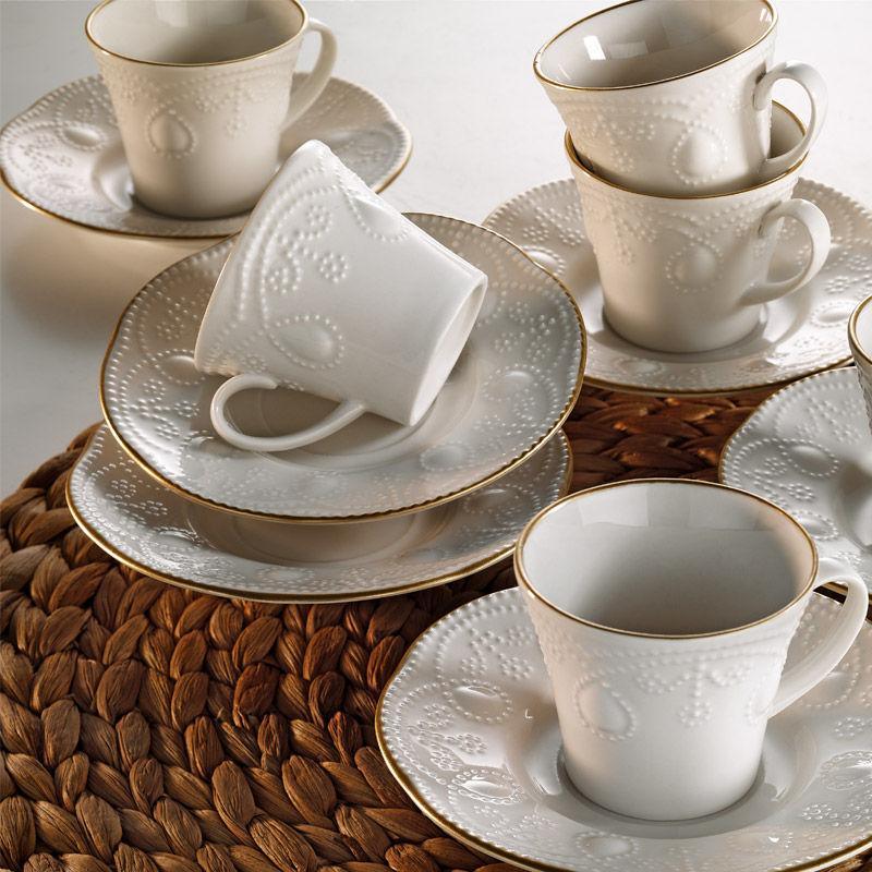 Set 6 cesti + 6 farfurii, Portelan, Alb