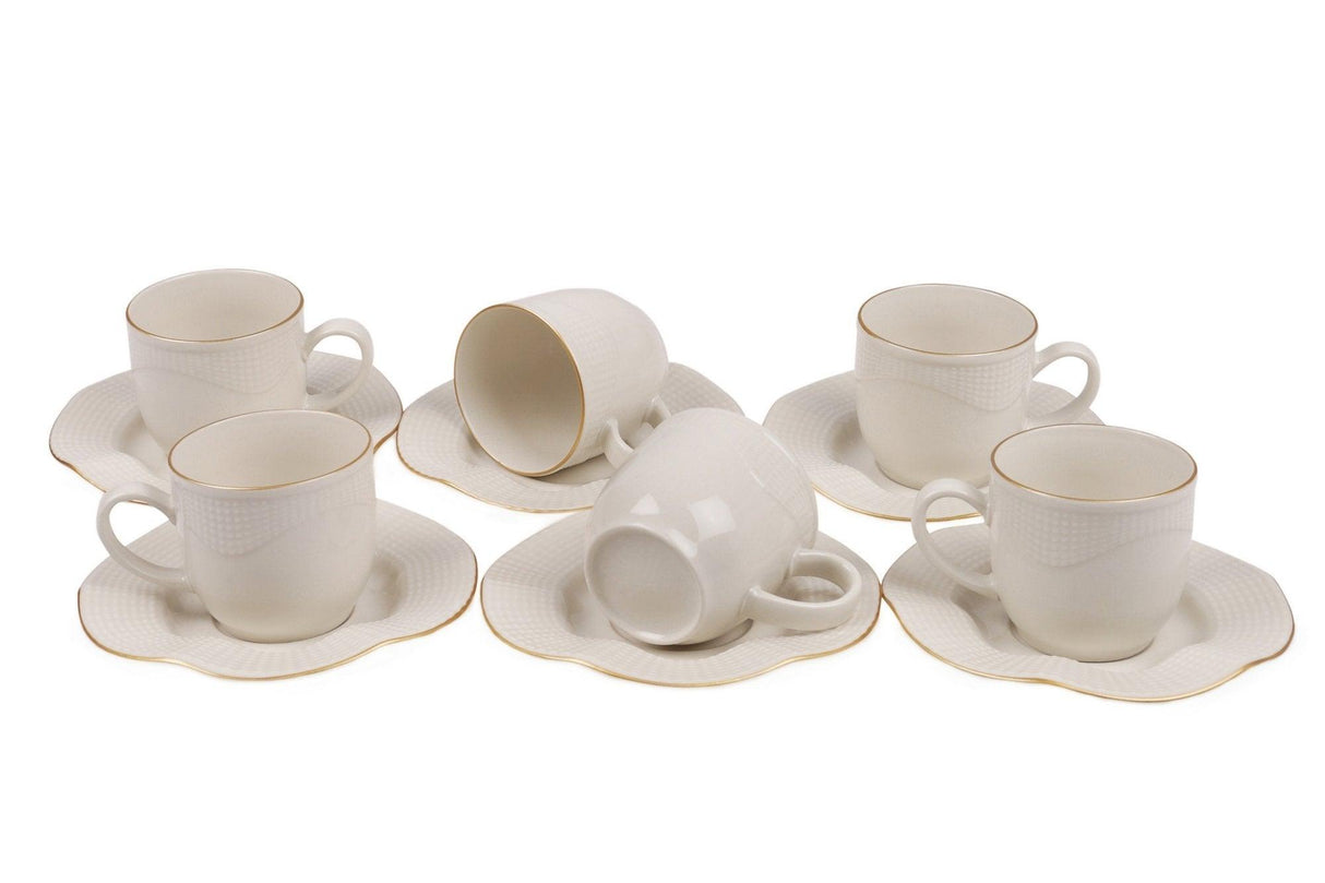 Set 6 cesti + 6 farfurii, Portelan, Alb - Crem