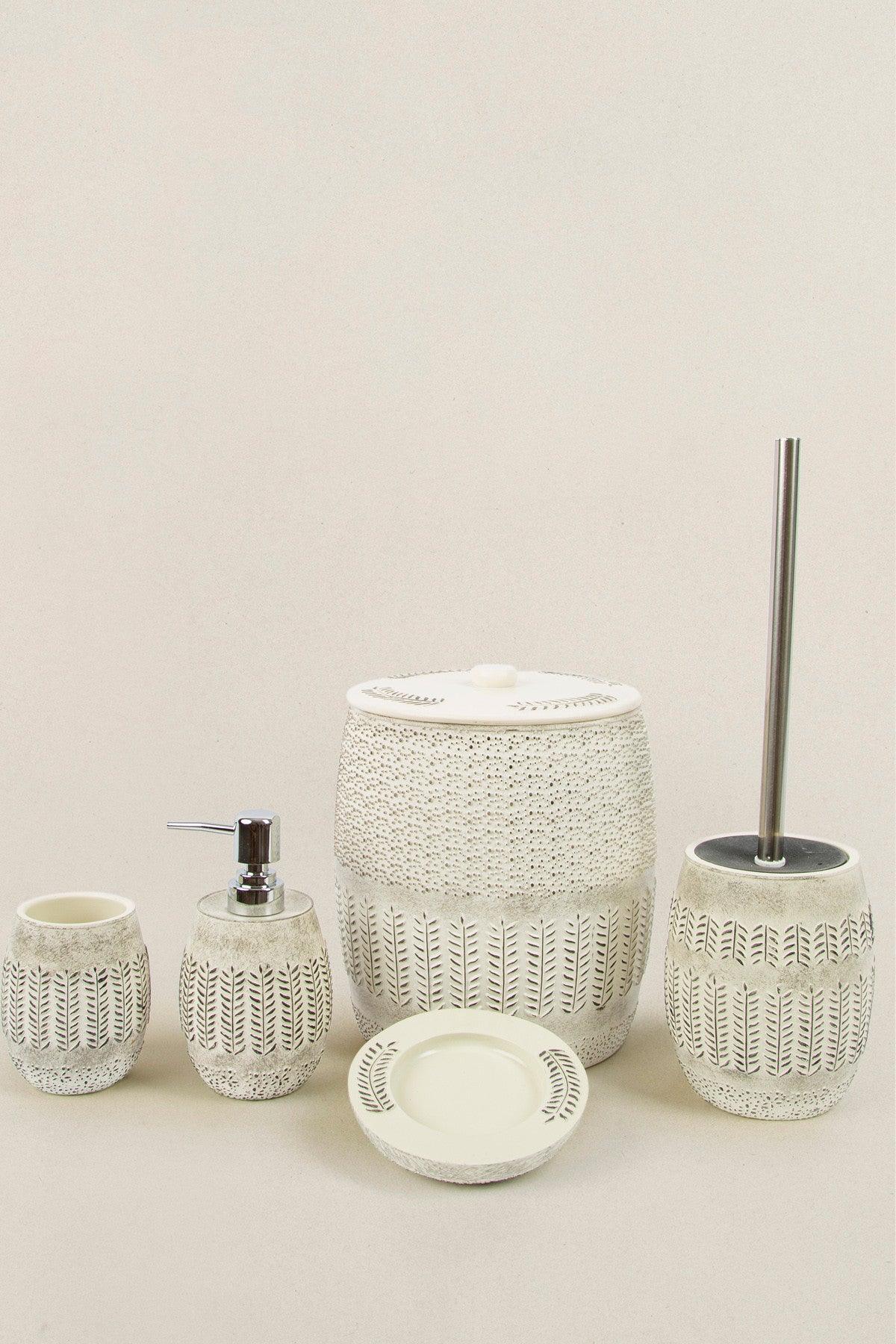 Set de Baie Lux Allesi, Gri, Dozator de sapun, Perie, Suport de periuta de dinti, Sapuniera, Coș de Gunoi