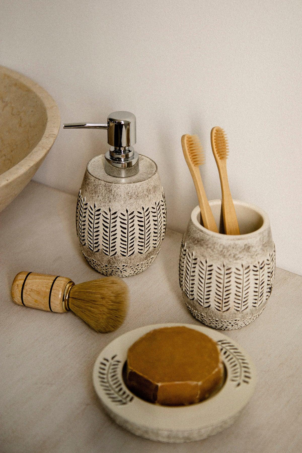 Set de Baie Lux Allesi, Gri, Dozator de sapun, Perie, Suport de periuta de dinti, Sapuniera, Coș de Gunoi