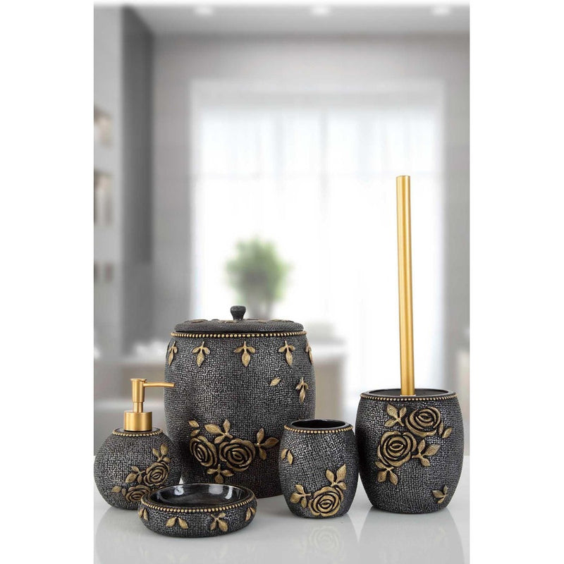 Set de Baie Lux Elvin, Gri, Dozator de sapun, Perie, Suport de periuta de dinti, Sapuniera, Coș de Gunoi